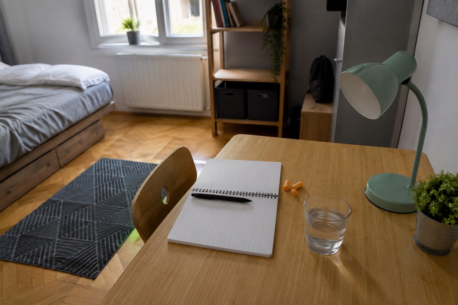 Rincón de estudio ordenado con tapones para los oídos y cuaderno
